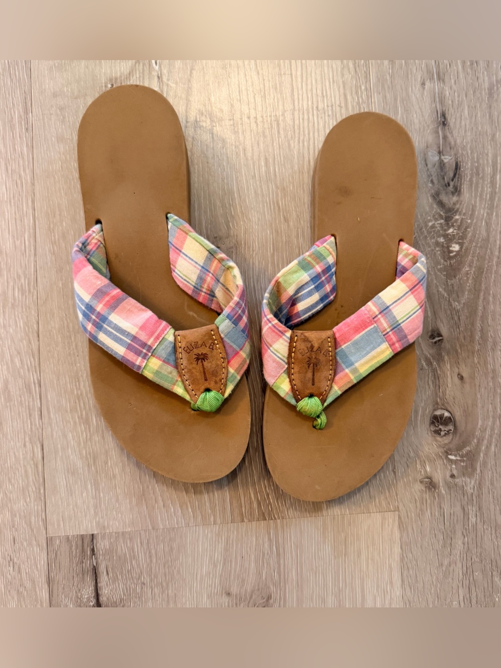 Eliza B. Pastel Madras Plaid Cloth Flip Flop Sandals - Leather Palm Tree Size 8